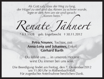 Traueranzeige von Renate Jähnert von Pegnitz-Zeitung